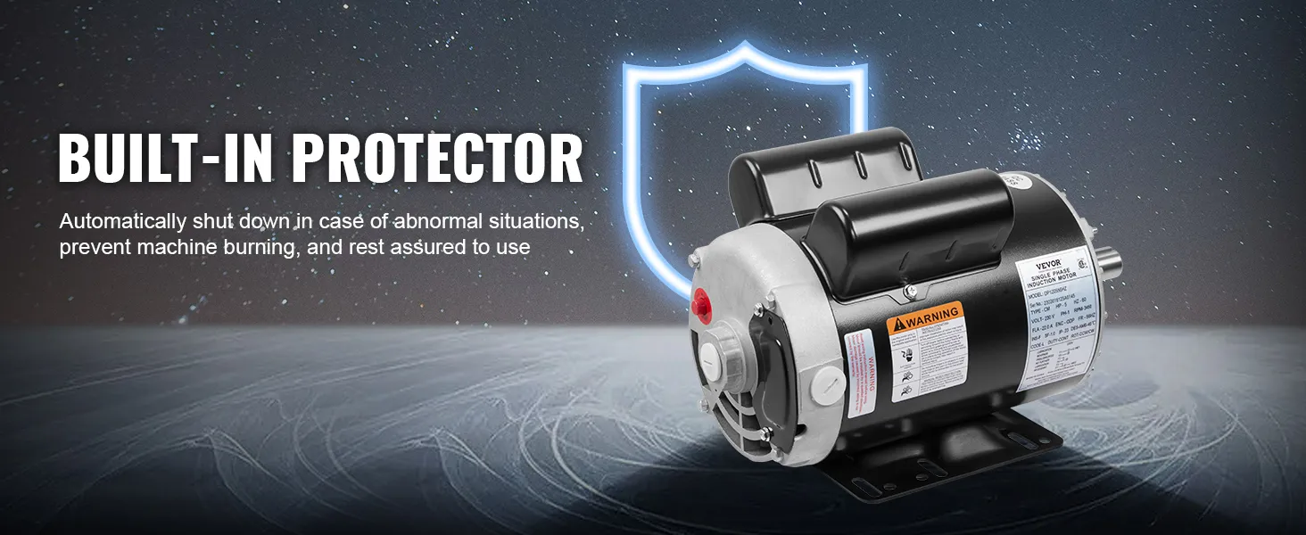 Motor compresor de aire VEVOR de 5 hp con protector incorporado sobre fondo estrellado.
