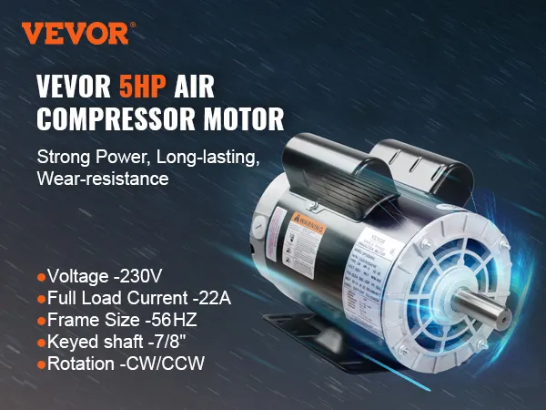 Motor compresor de aire VEVOR de 5 hp, 230 V, 22 A, 56 Hz, eje con chaveta de 7/8", rotación cw/ccw. Resistente y duradero.