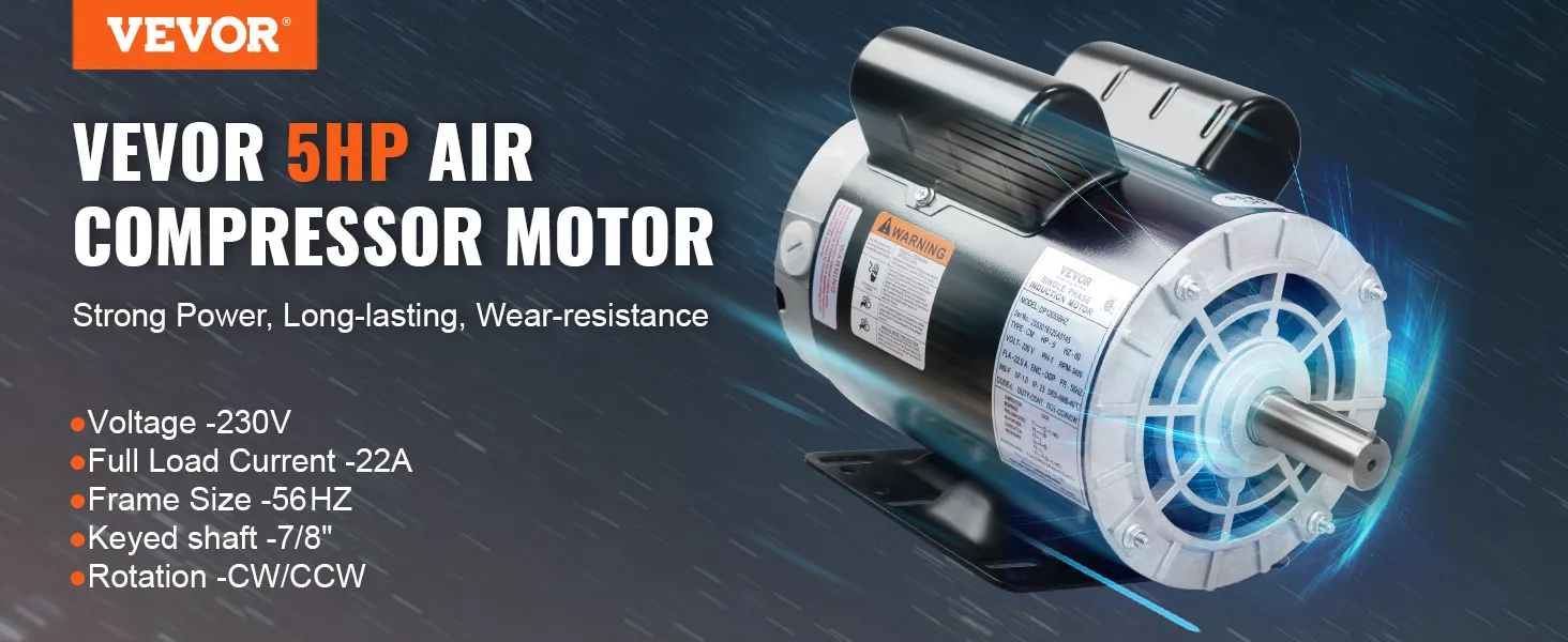 Motor compresor de aire VEVOR de 5 hp, 230 V, 22 A, 56 Hz, eje con chaveta de 7/8", rotación cw/ccw. Resistente y duradero.
