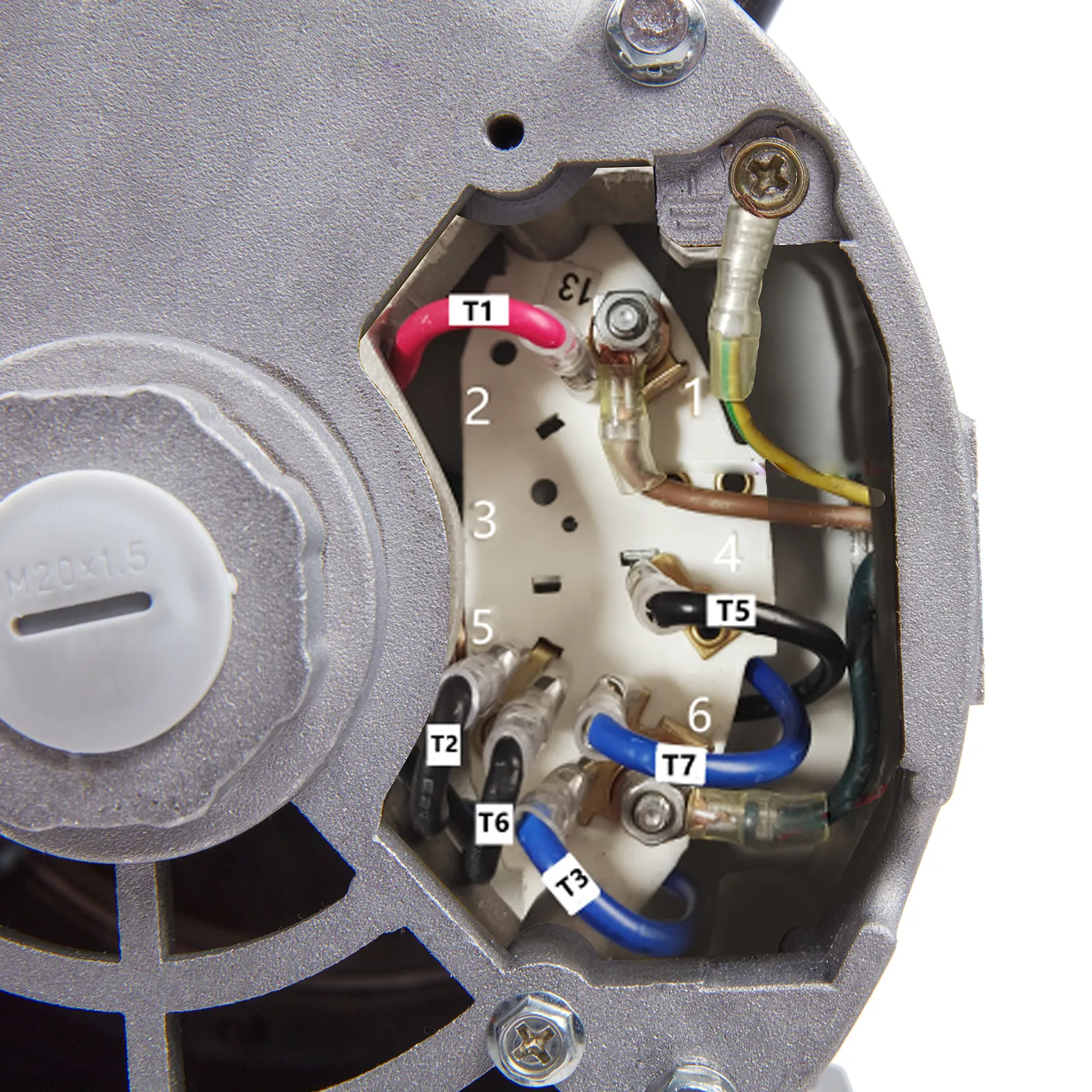 Primer plano del cableado interno y los componentes de un motor de compresor de aire VEVOR de 5 hp.