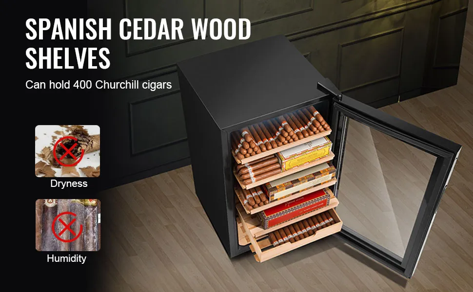 VEVOR Electric Cigar Humidor, 400 Count Cigar Humidor Cabinet with Cooling, Heating & Humidity Control, 5 Layer Spanish Cedar Wood & Double Mirror Glass Cigar Humidor, Gift for Men