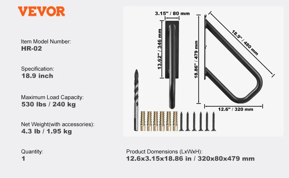 VEVOR handrails 18.9" hr-02, 530 lbs load capacity, includes drill bit, screws, anchors, dimensions 12.6x3.15x18.86 in.