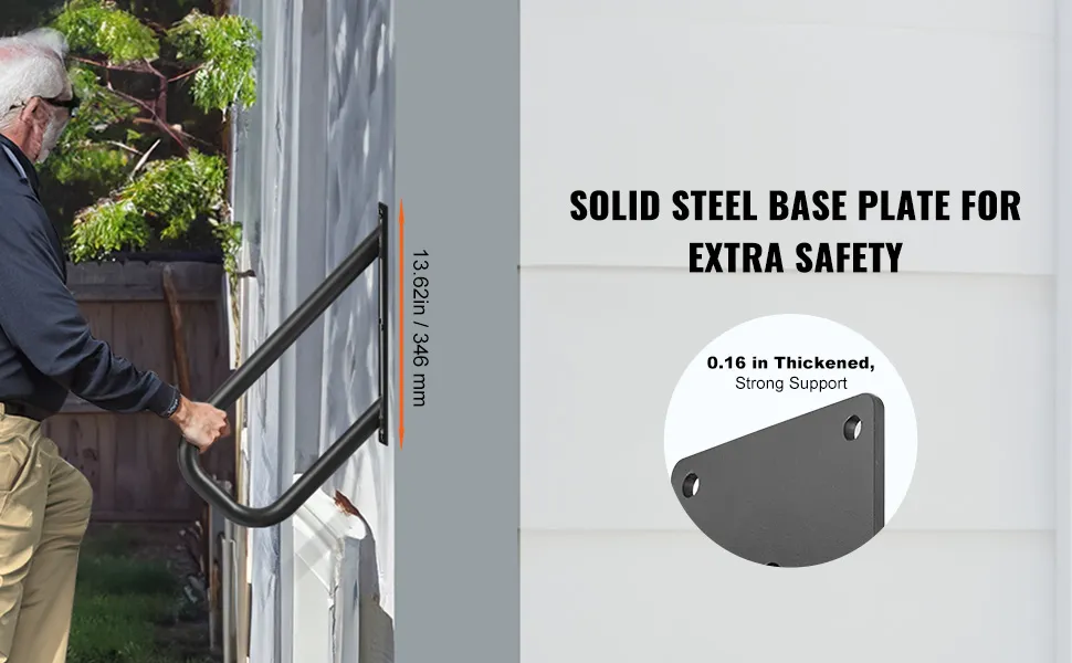 man using sturdy VEVOR handrails with solid steel base plate for extra safety, dimensions shown.