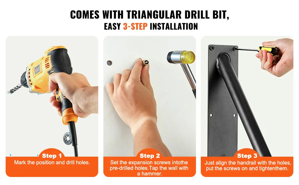 VEVOR handrails installation steps: drill holes, insert screws, align and tighten handrail with screwdriver.