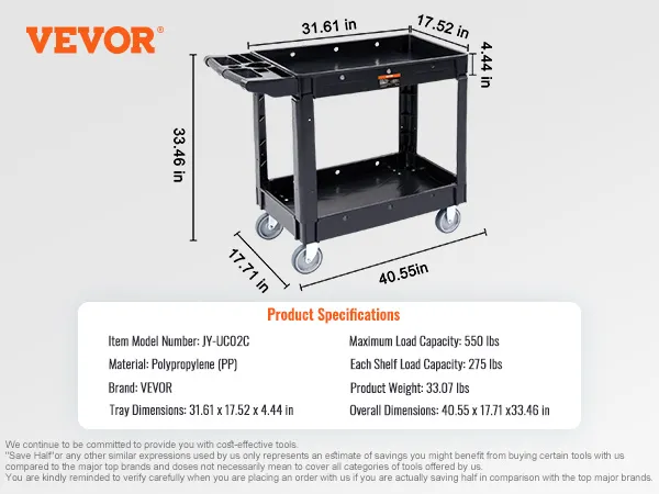 VEVOR utility service cart, 550 lbs load, polypropylene, 40.55x17.71x33.46 in, black with wheels.