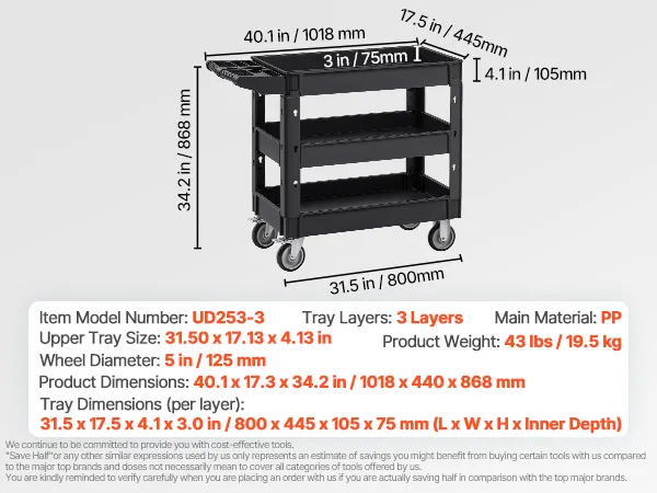 VEVOR utility service cart, 3 shelves, 550 lbs load, polypropylene, 41.45 lbs, dimensions 40.7x17.13x33.74 in.