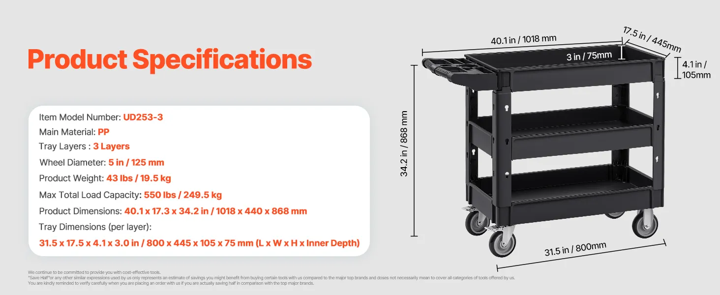 VEVOR utility service cart, 3 shelves, 550 lbs load, polypropylene, 41.45 lbs, dimensions 40.7x17.13x33.74 in.