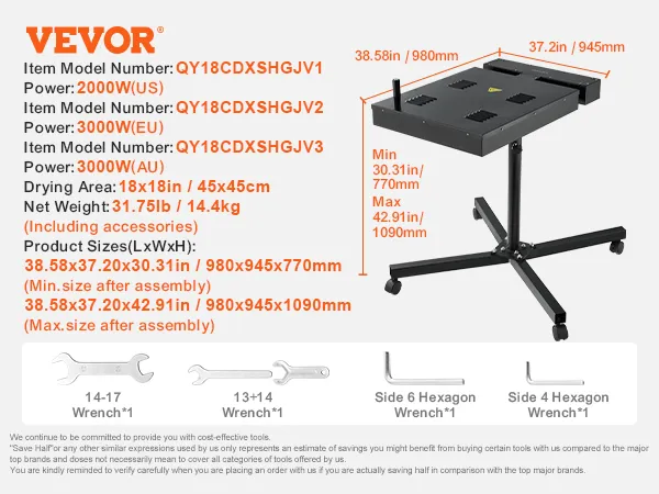VEVOR flash dryer, 18x18in drying area, 31.75lb, adjustable height, wrench set included.