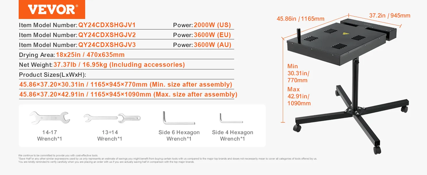 VEVOR pro flash dryer details with specs, dimensions, tools included, and drying area illustration.