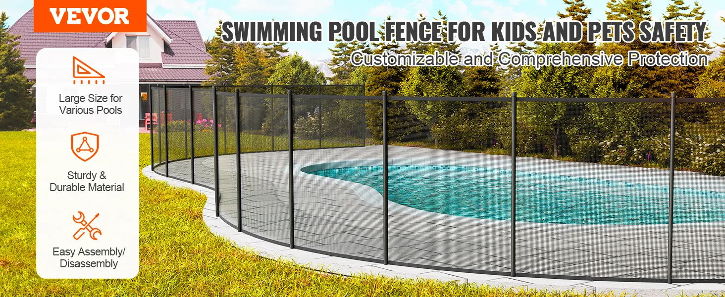 Valla de piscina VEVOR alrededor de una piscina enterrada con características como gran tamaño, durabilidad y fácil montaje.