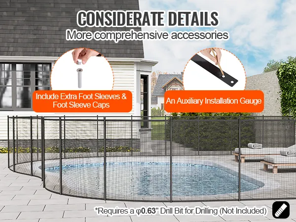Valla de piscina VEVOR alrededor de una piscina de patio trasero con fundas para pies adicionales y un medidor de instalación auxiliar.