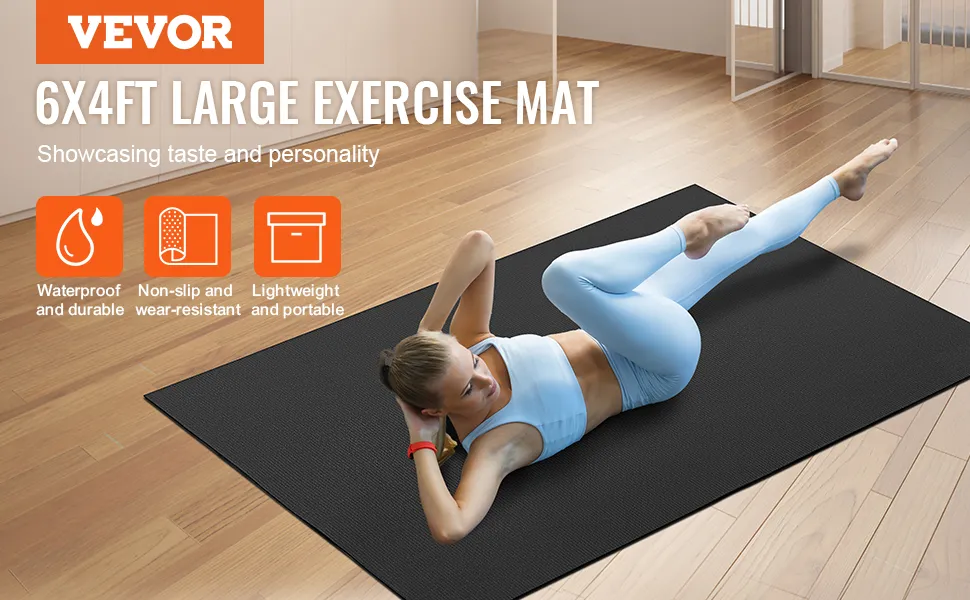 VEVOR 6x4ft large exercise mat, waterproof, non-slip, lightweight, in a wooden-floored room.