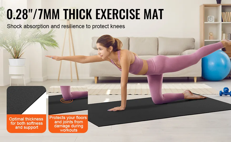 woman practicing yoga on a VEVOR yoga mat, emphasizing thickness and joint protection benefits.