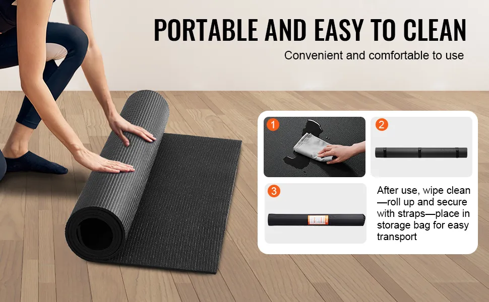 VEVOR yoga mat being rolled up on a wooden floor with cleaning instructions shown. portable and easy to clean.