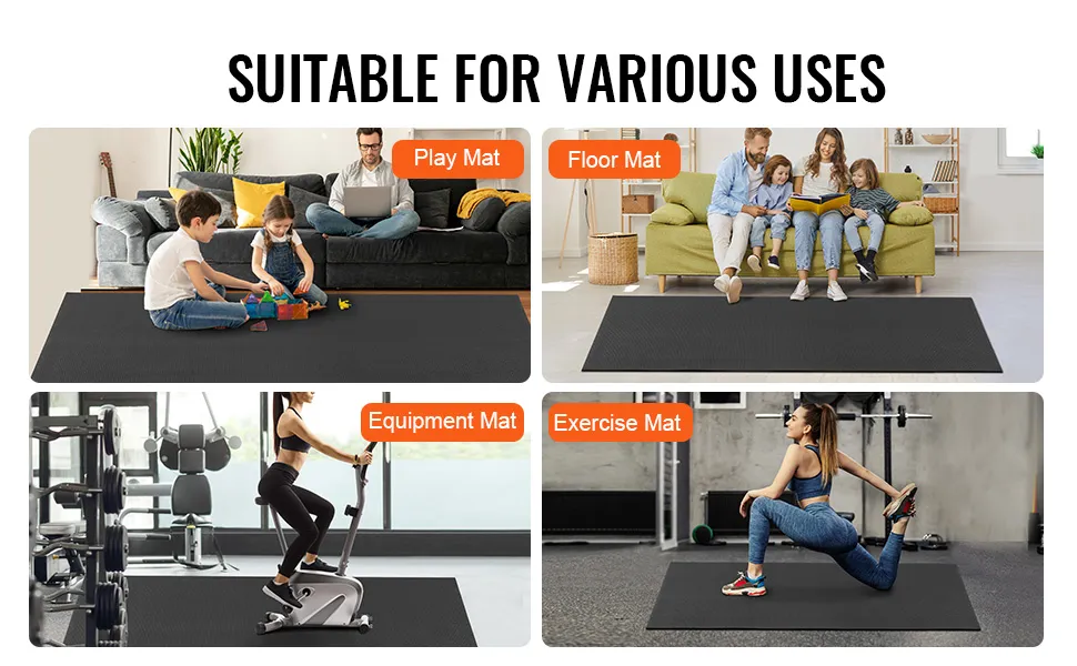VEVOR yoga mat showcased in multiple uses: play mat, floor mat, equipment mat, exercise mat.