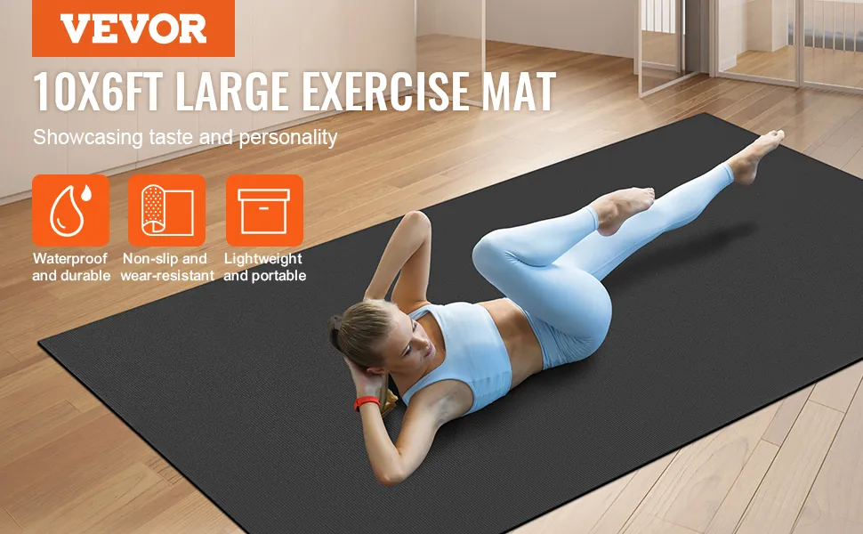 VEVOR exercise mat 10x6ft in use, showcasing waterproof, non-slip, and portable features in a bright room.