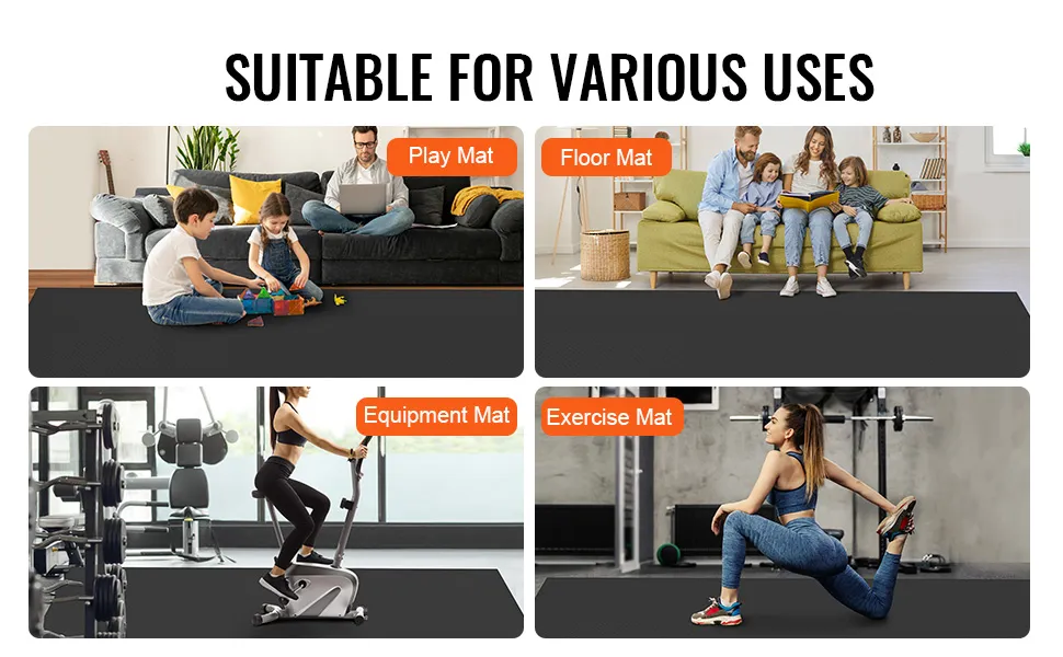 VEVOR exercise mat used as play mat, floor mat, equipment mat, and exercise mat. suitable for various uses.