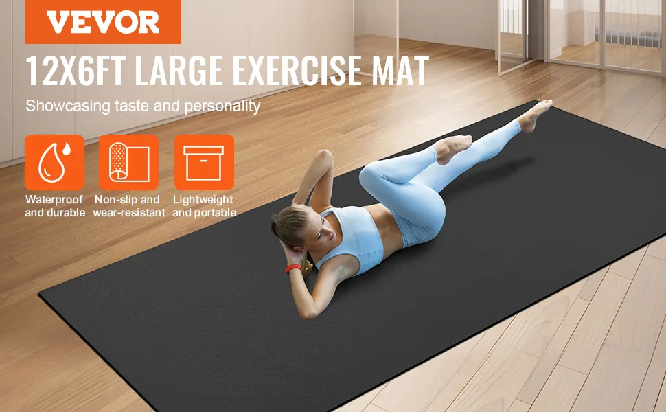 VEVOR exercise mat 12x6ft, waterproof, non-slip, lightweight, ideal for workouts on wooden floor.
