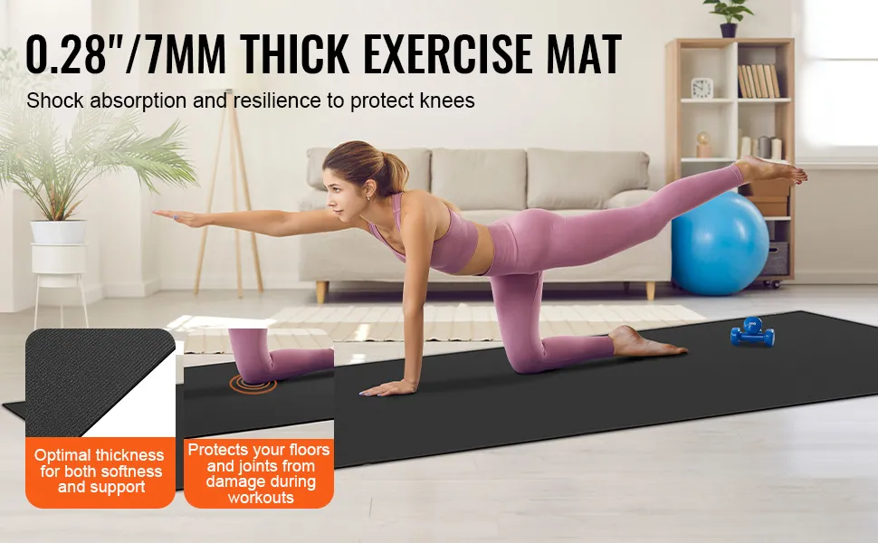 woman practicing yoga on a VEVOR exercise mat in a living room with plants, bookshelf, and fitness equipment.