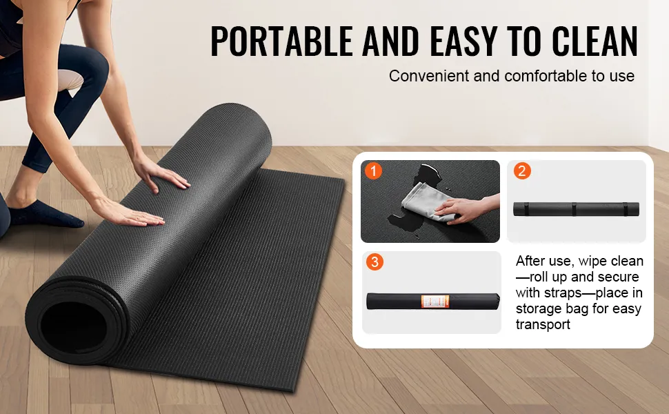 VEVOR exercise mat being rolled, showcasing portable and easy to clean features. wipe clean, roll up, secure.