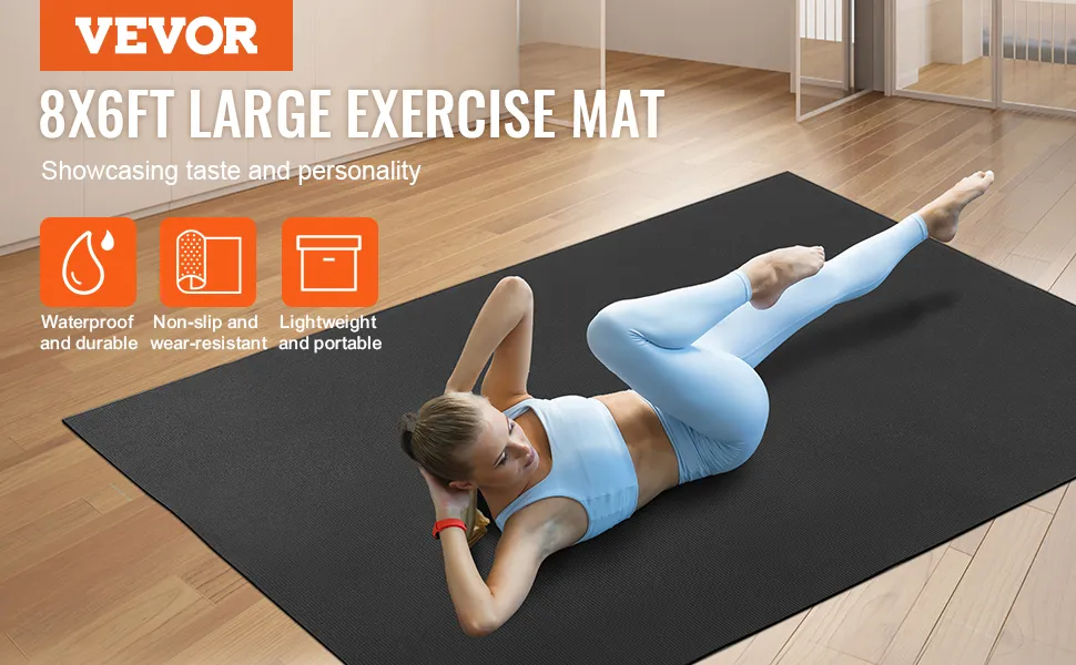 VEVOR exercise mat 8x6ft showcased with a person working out, highlighting its waterproof and non-slip features.