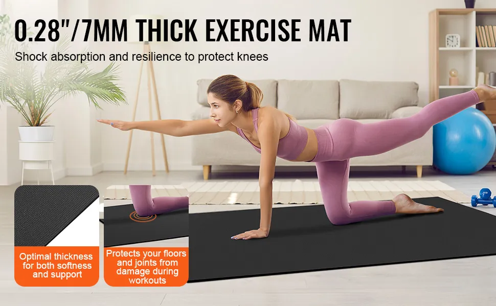 woman exercising on a VEVOR exercise mat in a living room, demonstrating its thickness and support.