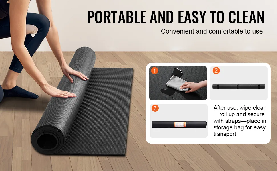 person rolling up VEVOR exercise mat on wooden floor, highlighting portability and easy cleaning steps.