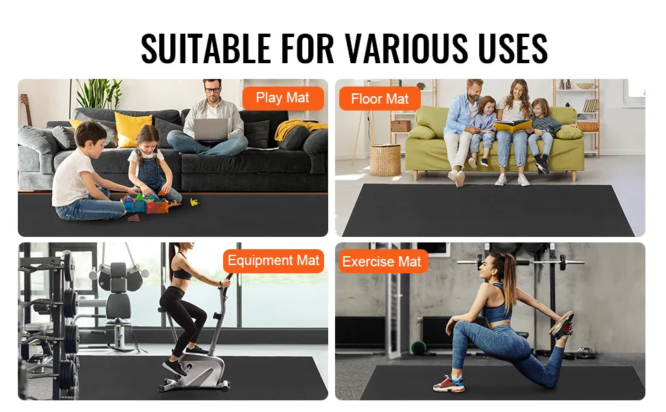 VEVOR exercise mat used as a play mat, floor mat, equipment mat, and exercise mat in various settings.