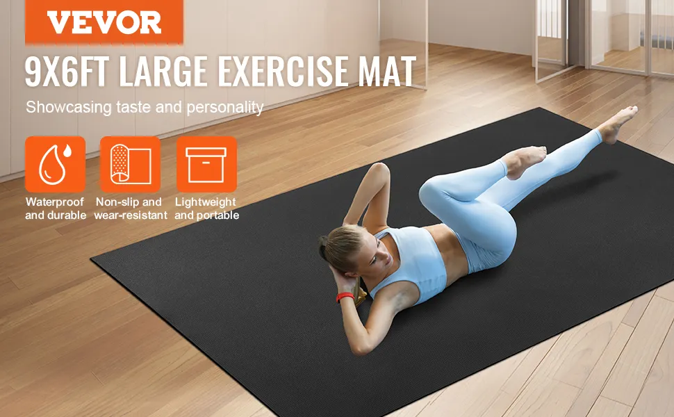 VEVOR 9x6ft large exercise mat, waterproof, non-slip, wear-resistant, lightweight for home workouts.