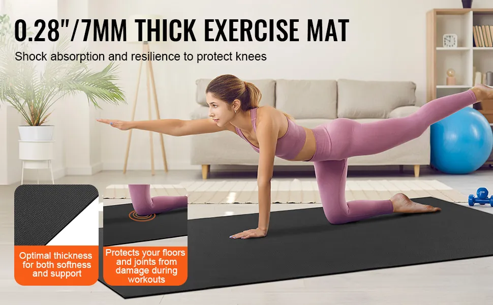 woman exercising on a VEVOR exercise mat in a living room, highlighting its shock absorption and knee protection.