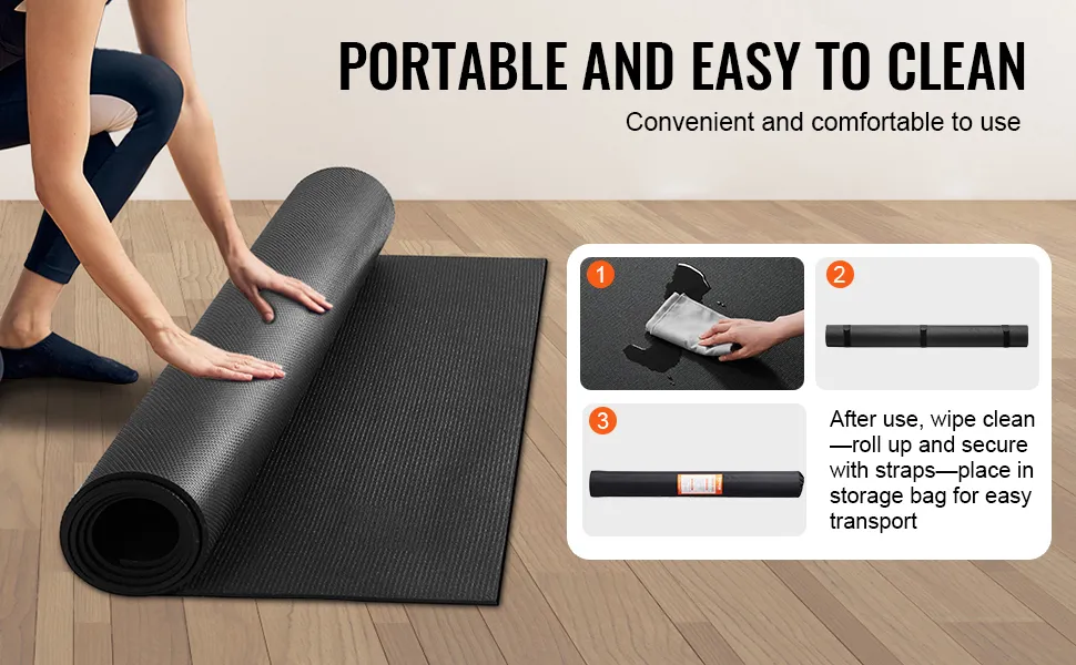 rolling up VEVOR exercise mat on wooden floor, steps to clean, roll, and store for convenient use.