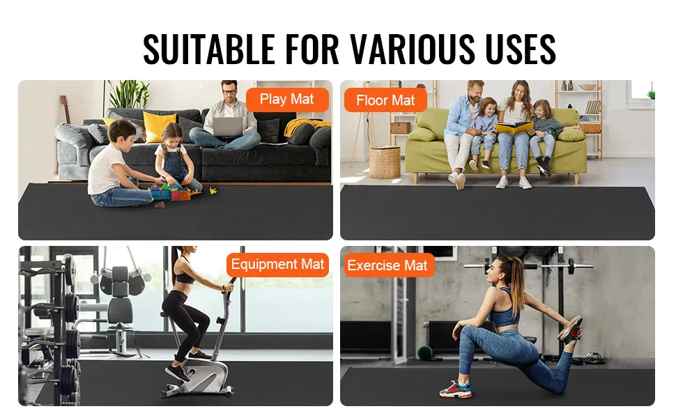 VEVOR exercise mat for various uses: play mat, floor mat, equipment mat, and exercise mat.