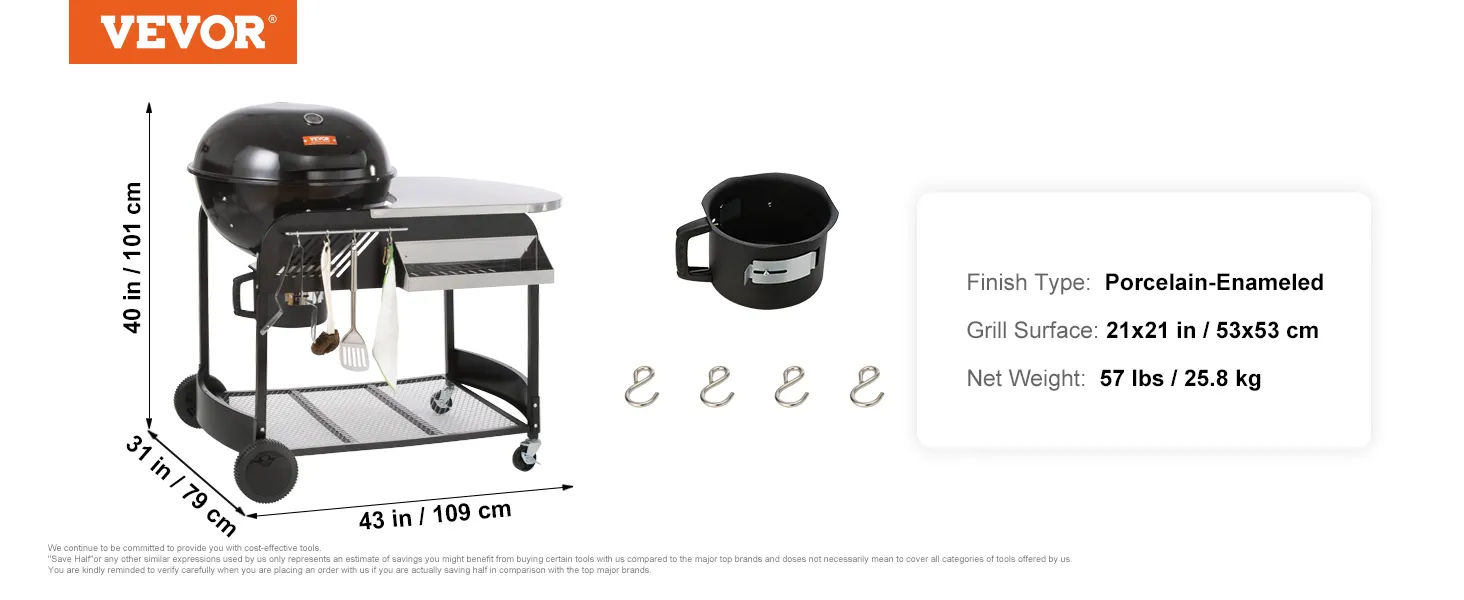 VEVOR charcoal grill with porcelain-enameled finish, 21x21 in. grill surface, and accessory hooks.
