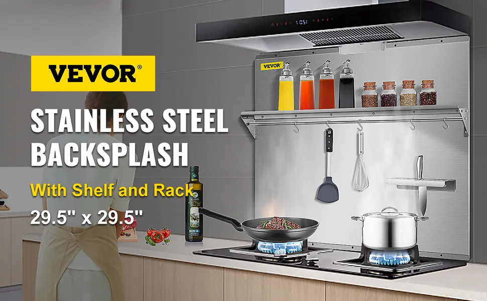 VEVOR range backsplash with shelf, spice rack, utensils, and cooking pots on stove.