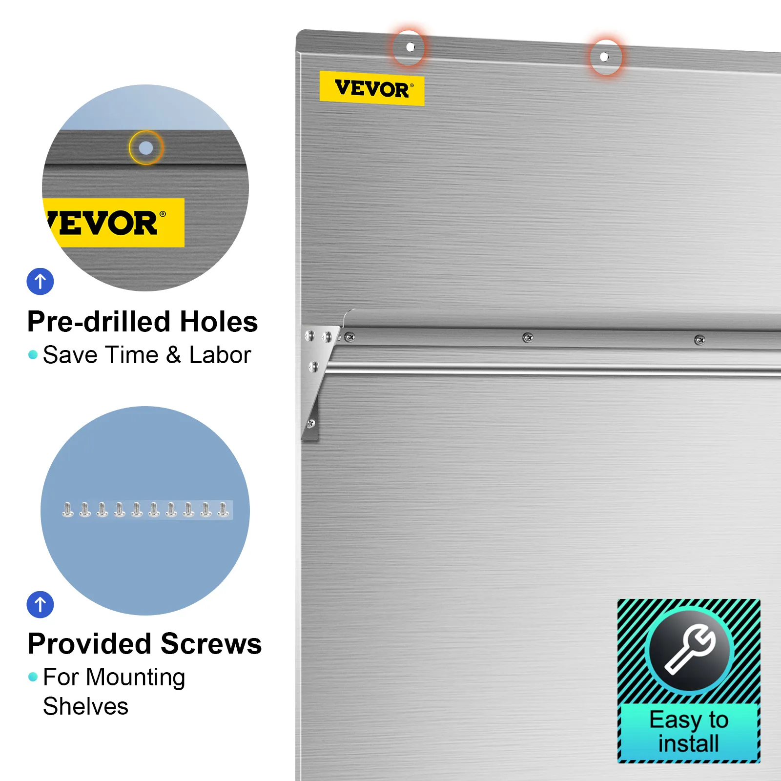 VEVOR range backsplash with pre-drilled holes and provided screws for easy installation.
