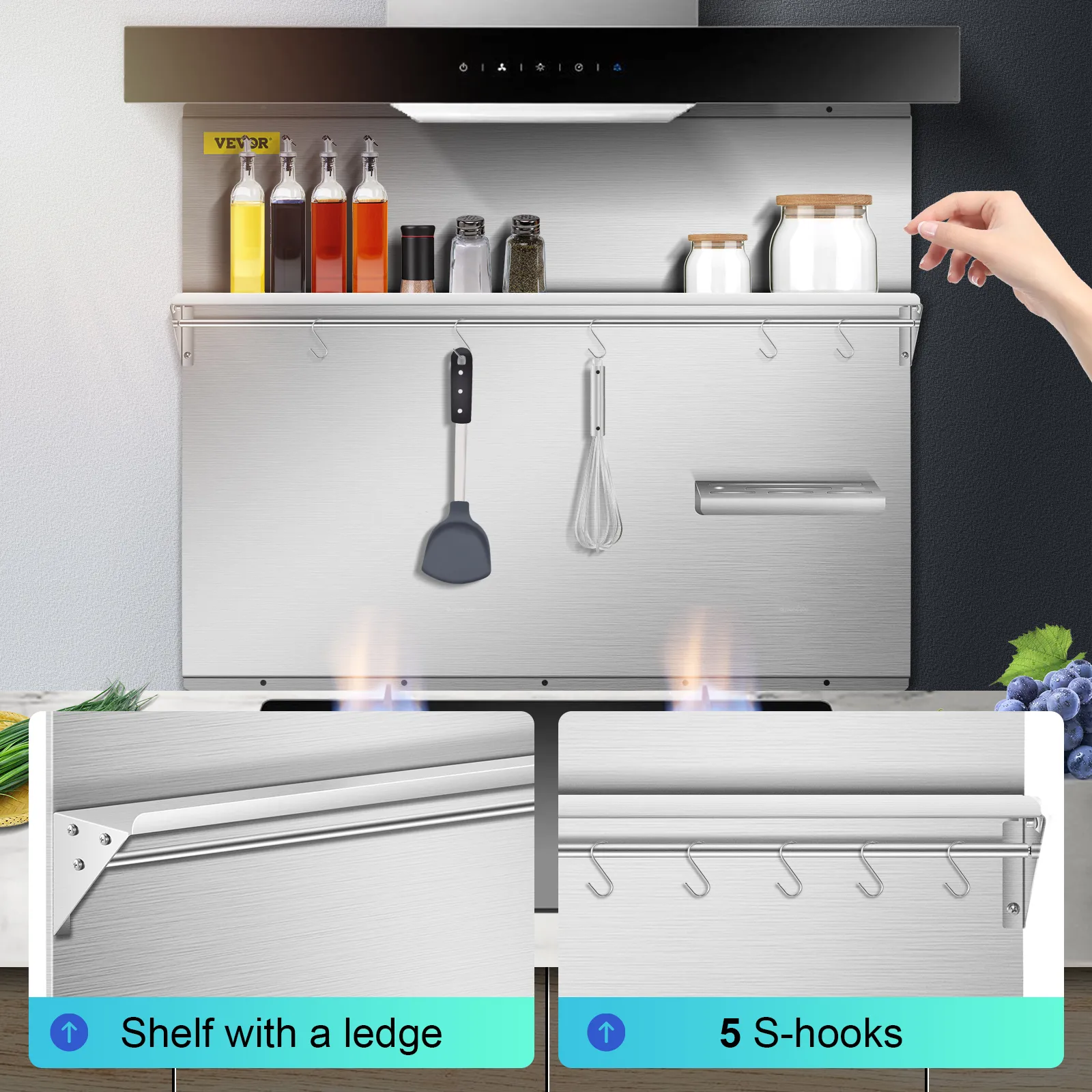 stainless steel backsplash with shelf, 5 s-hooks, and integrated storage, VEVOR range backsplash.