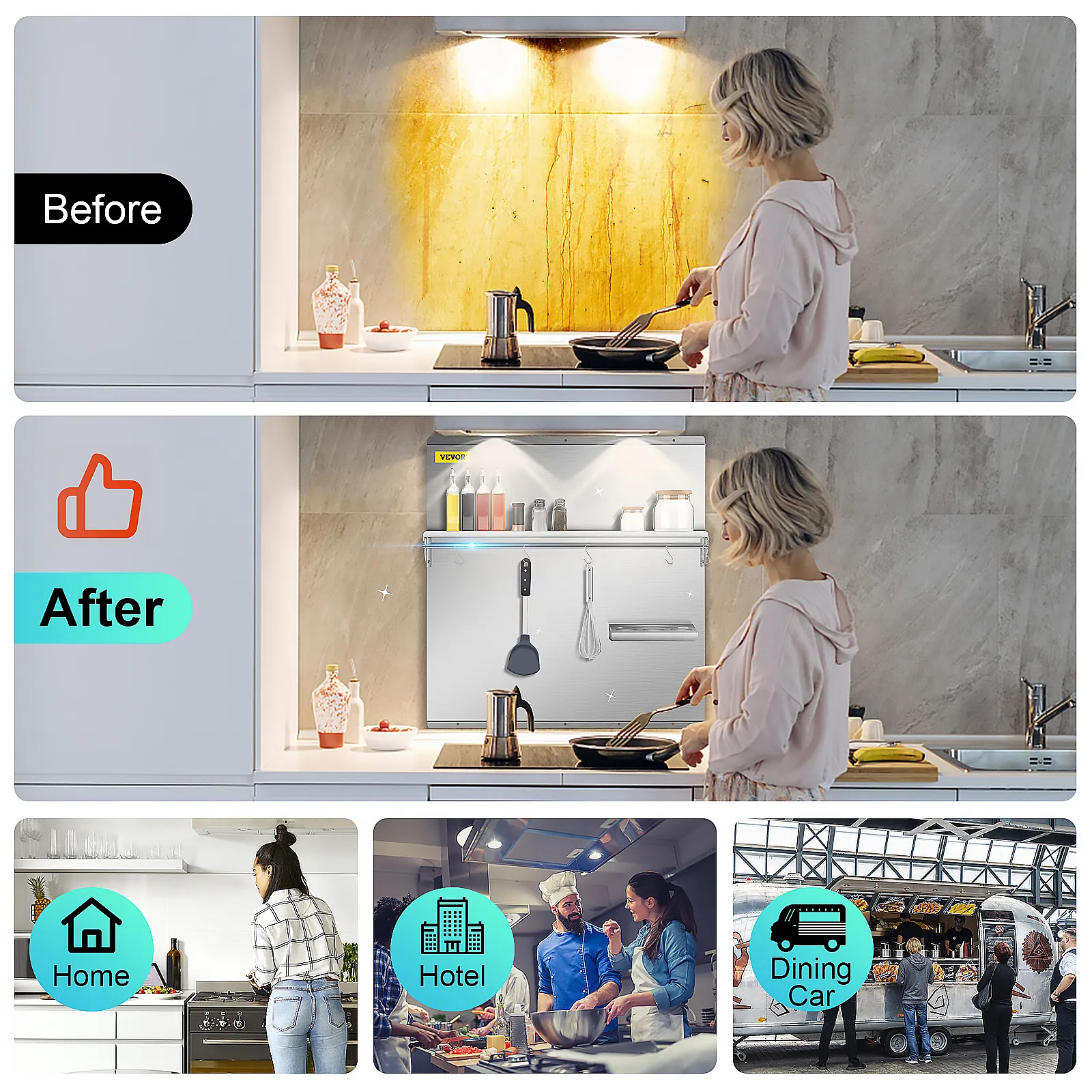 VEVOR range backsplash transformation from plain wall to modern kitchen upgrade.