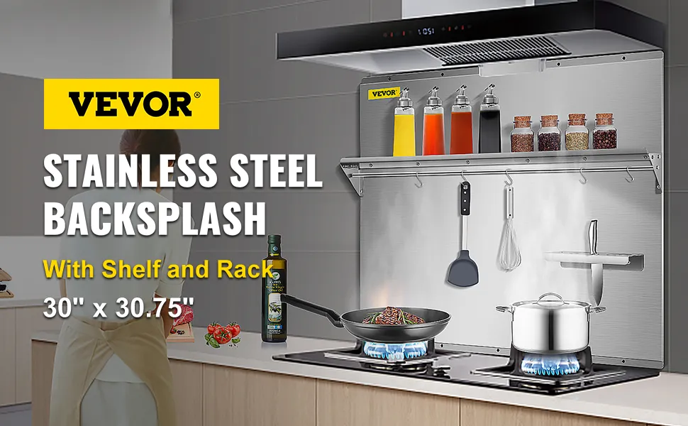 VEVOR range backsplash with shelf and rack, stainless steel, 30" x 30.75".