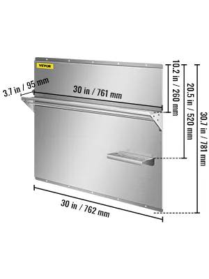 stainless steel VEVOR range backsplash with shelves and dimensions in inches and mm.