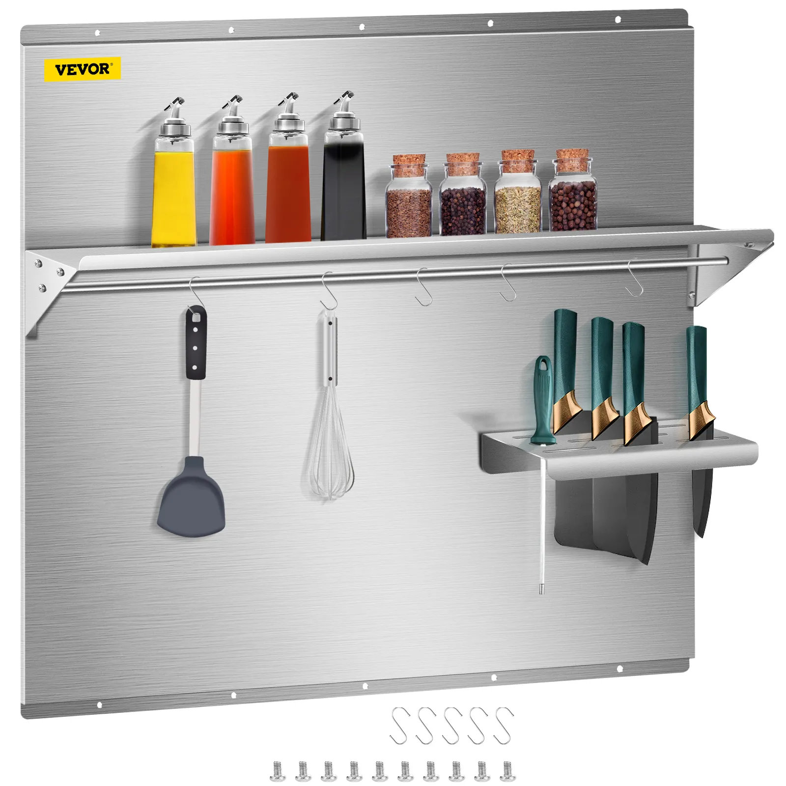 VEVOR range backsplash with knife holder, spices, and utensils on a stainless steel panel.