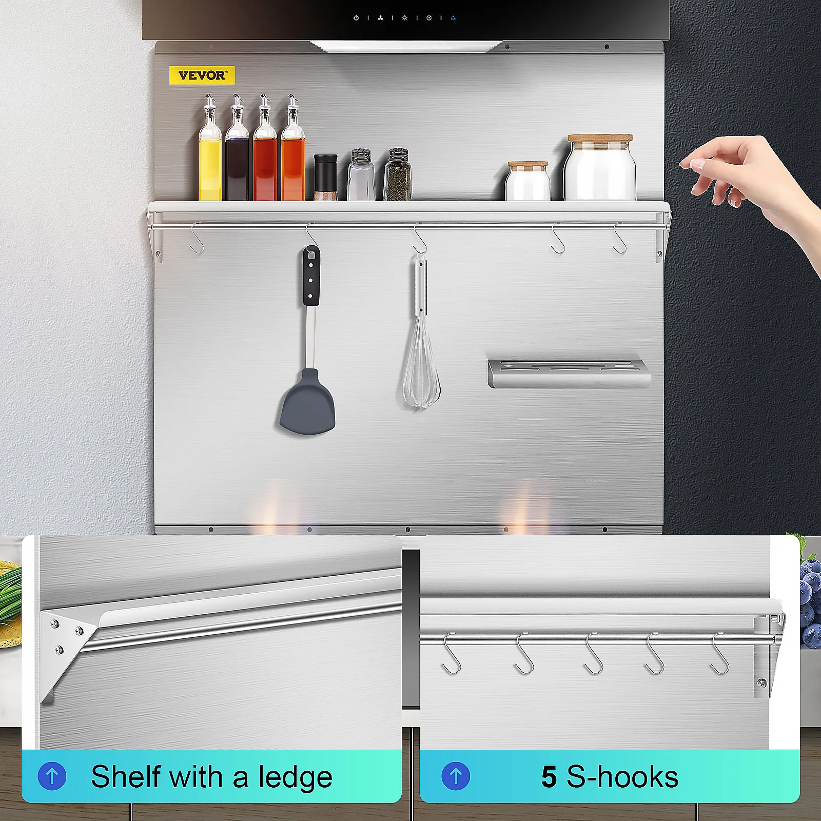 VEVOR range backsplash with shelf, utensils, spices, and 5 s-hooks for kitchen organization.