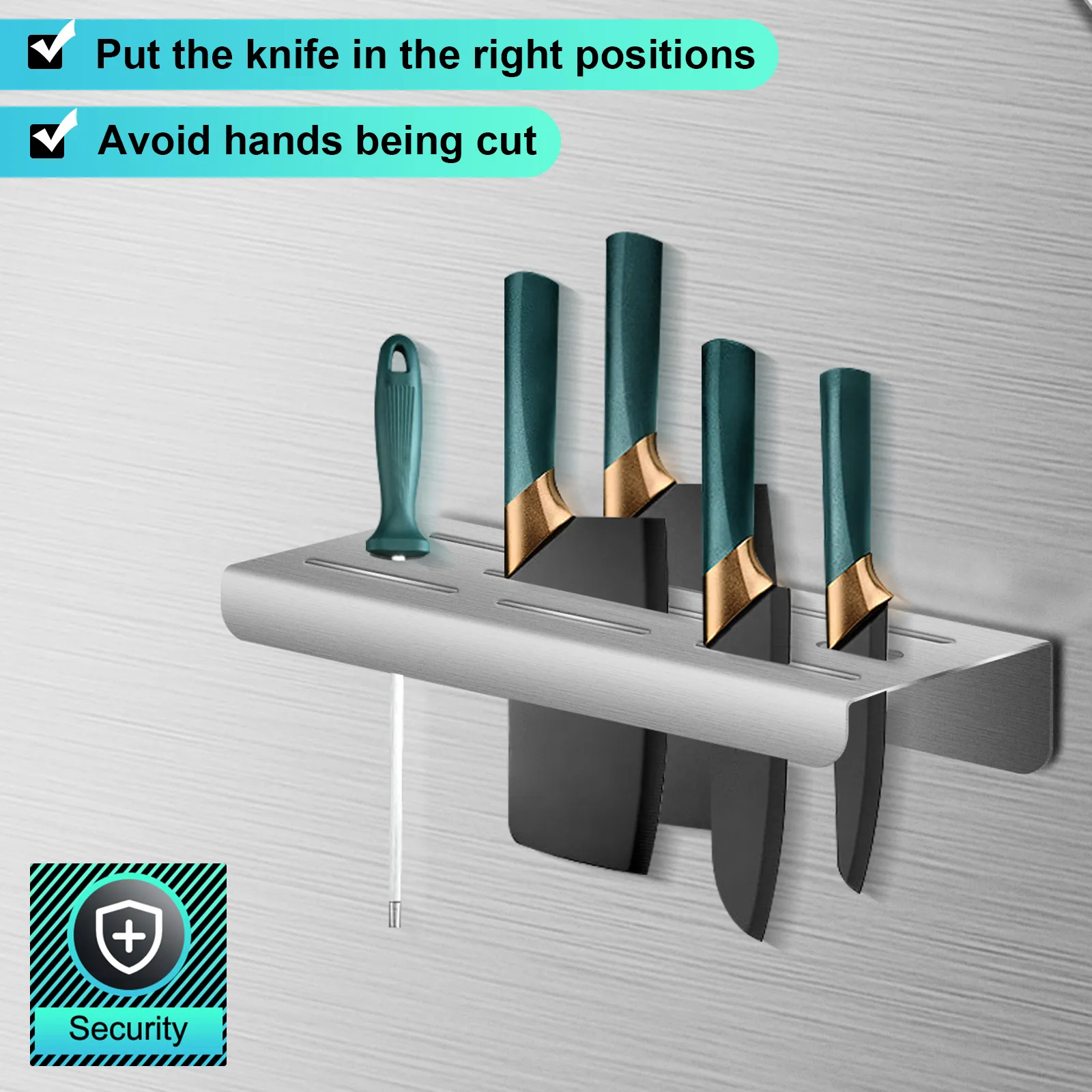 knife holder on a VEVOR range backsplash with safety tips for proper knife placement.