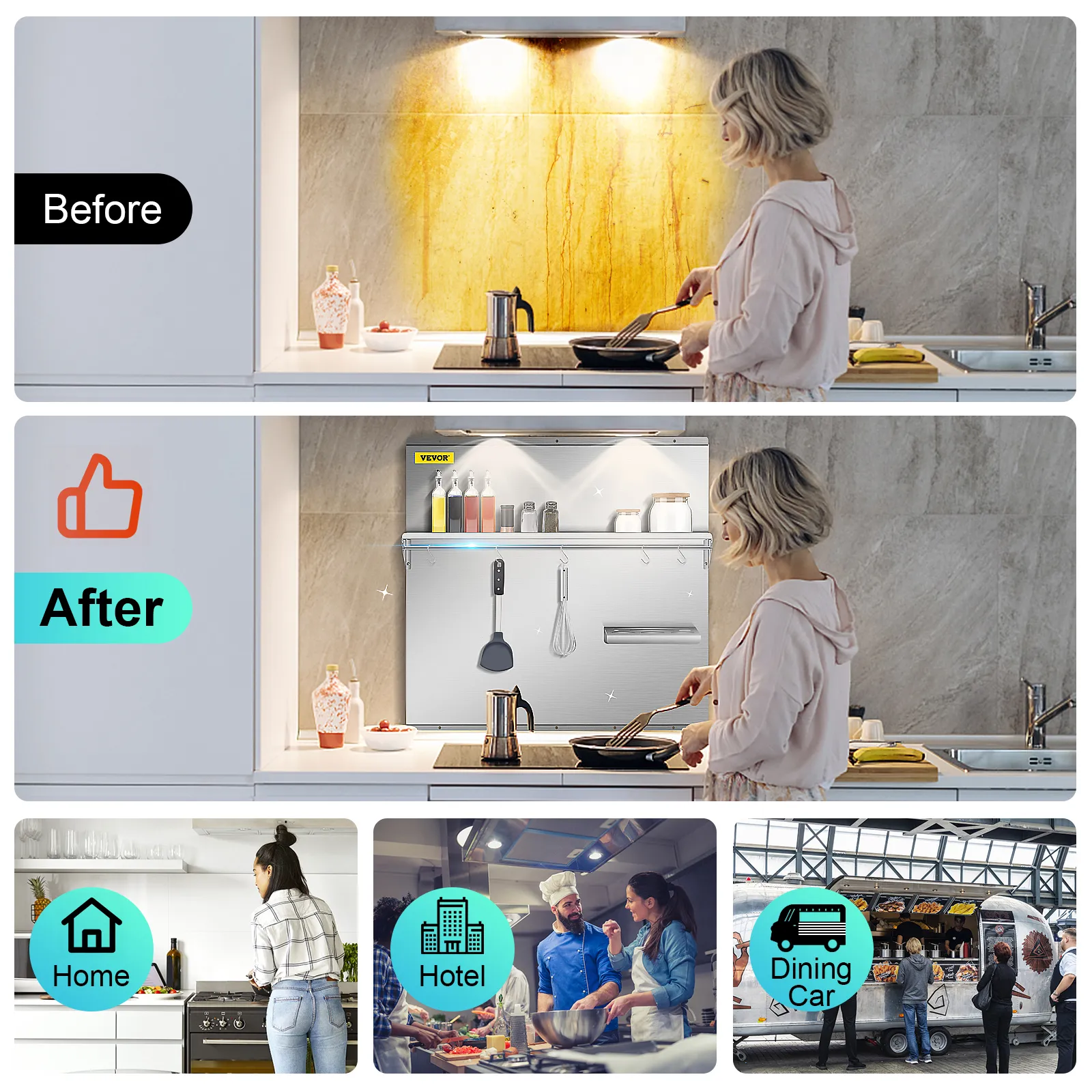 VEVOR range backsplash in modern kitchen with storage spaces and utensils.