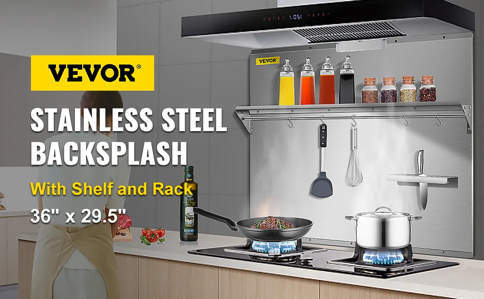 VEVOR range backsplash with shelf, spices, utensils, and cooking pots on a stove.