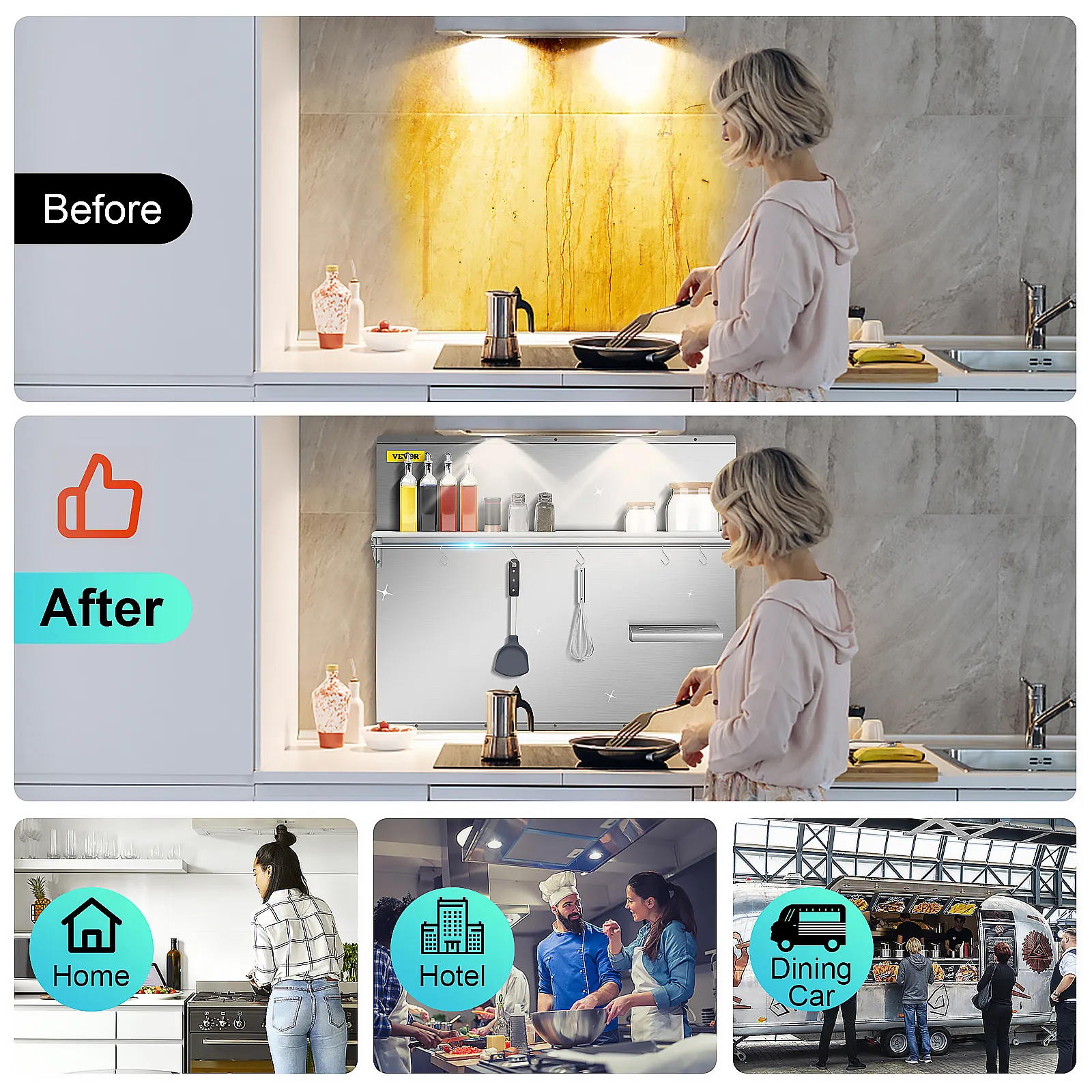 VEVOR range backsplash installation, before and after images, suitable for home, hotel, dining car.