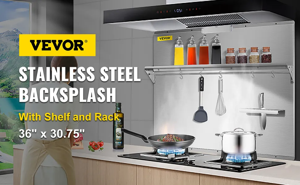 Spritzschutz mit Ablage und Gestell der VEVOR-Reihe, 36 x 30,75 Zoll, in einer modernen Kücheneinrichtung.