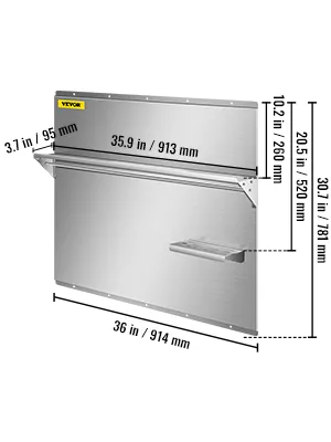 Spritzschutz mit Ablage aus der VEVOR-Reihe, Abmessungen beschriftet (36 x 30,7 Zoll). Edelstahl.