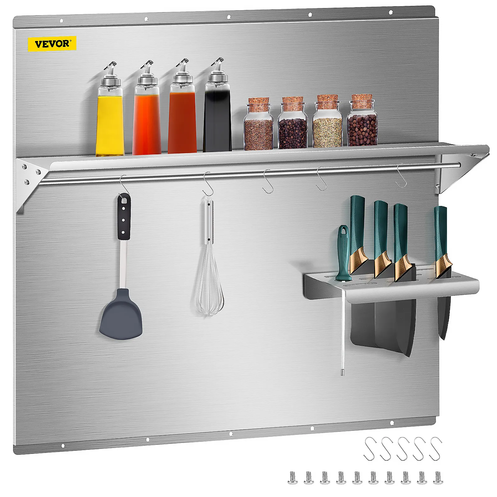 Salpicadero de la gama VEVOR con soporte para cuchillos, frascos de especias y ganchos para utensilios.