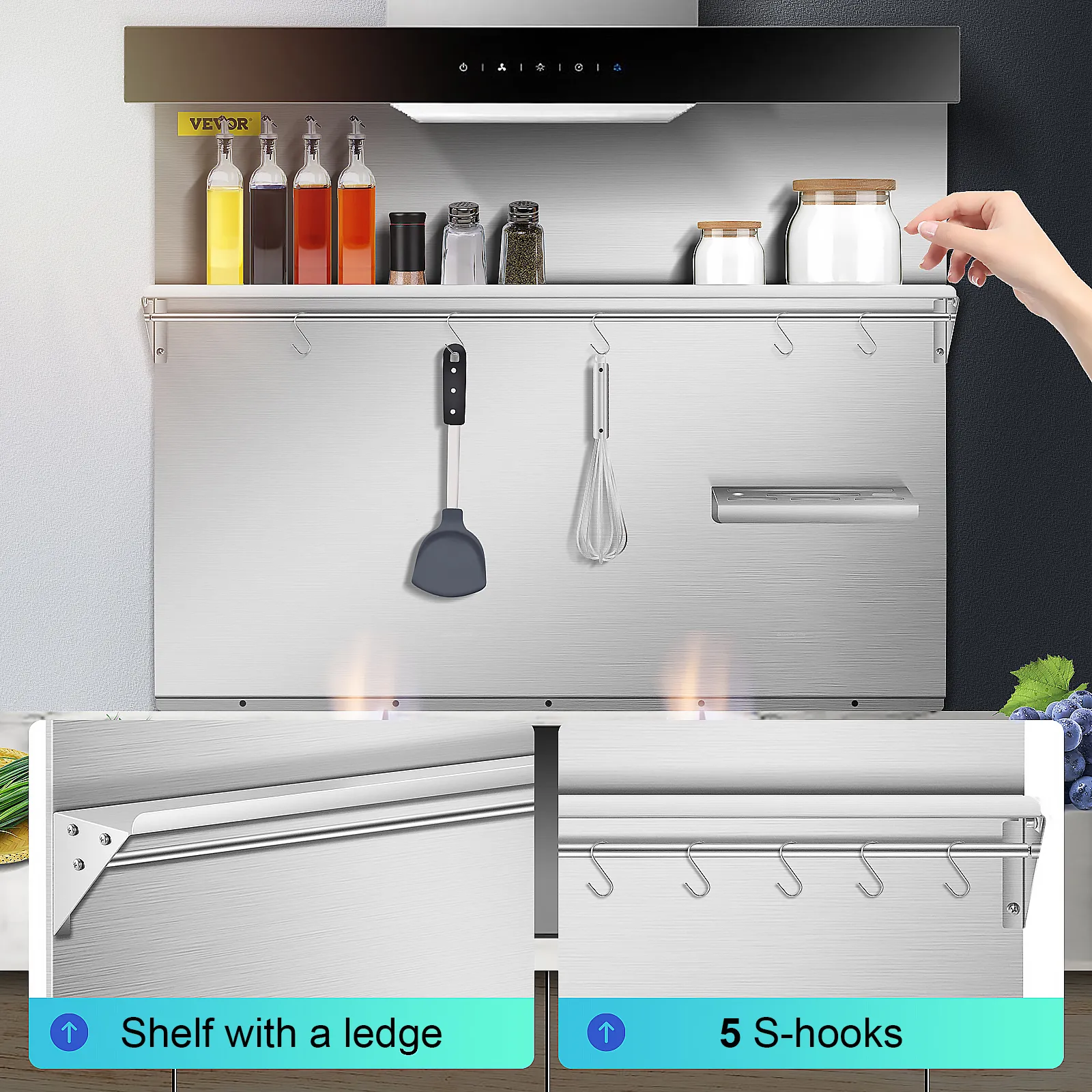 Spritzschutz aus der VEVOR-Reihe mit Ablage, Utensilien, Gläsern und 5 S-Haken für die Organisation in der Küche.
