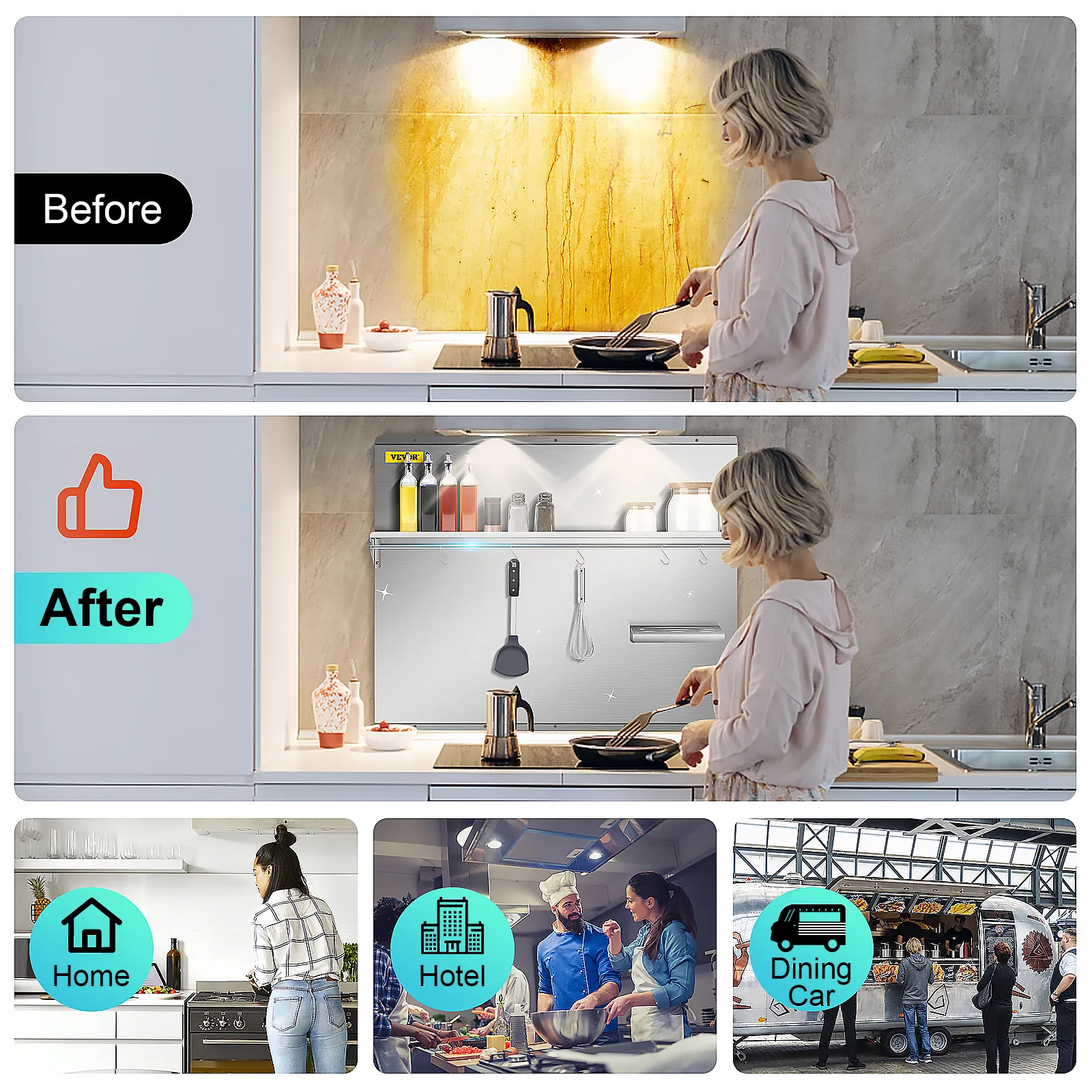 Spritzschutz aus der VEVOR-Reihe vor und nach der Umgestaltung für Zuhause, Hotels und Speisewagen.